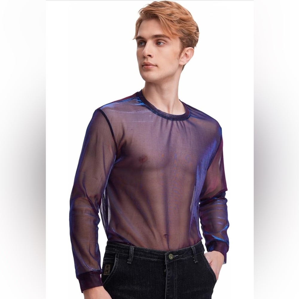 Milumia men’s size XL sheer mesh iridescent metallic hot pink blue black shirt